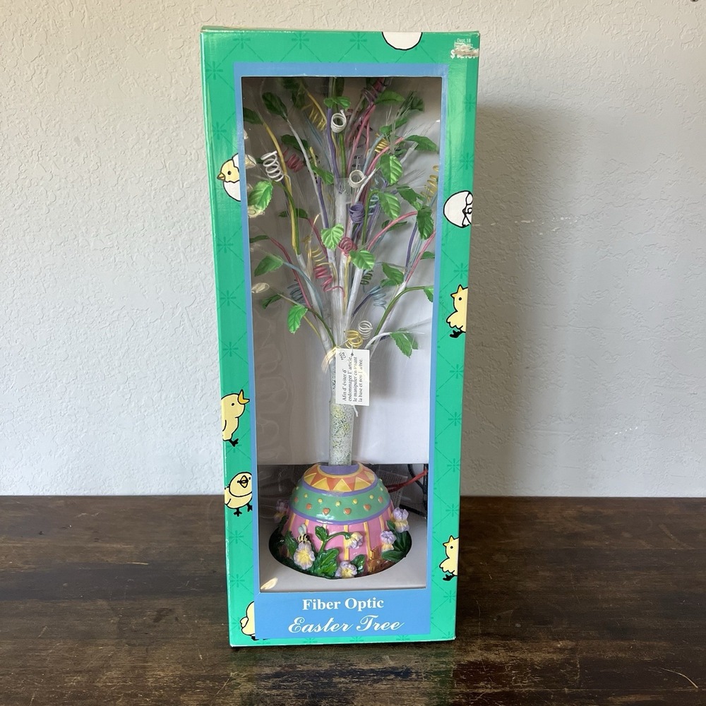 Vintage Fiber Optic Easter Tree Color Changing W/ Bunnies Eggs Bees Flowers Base